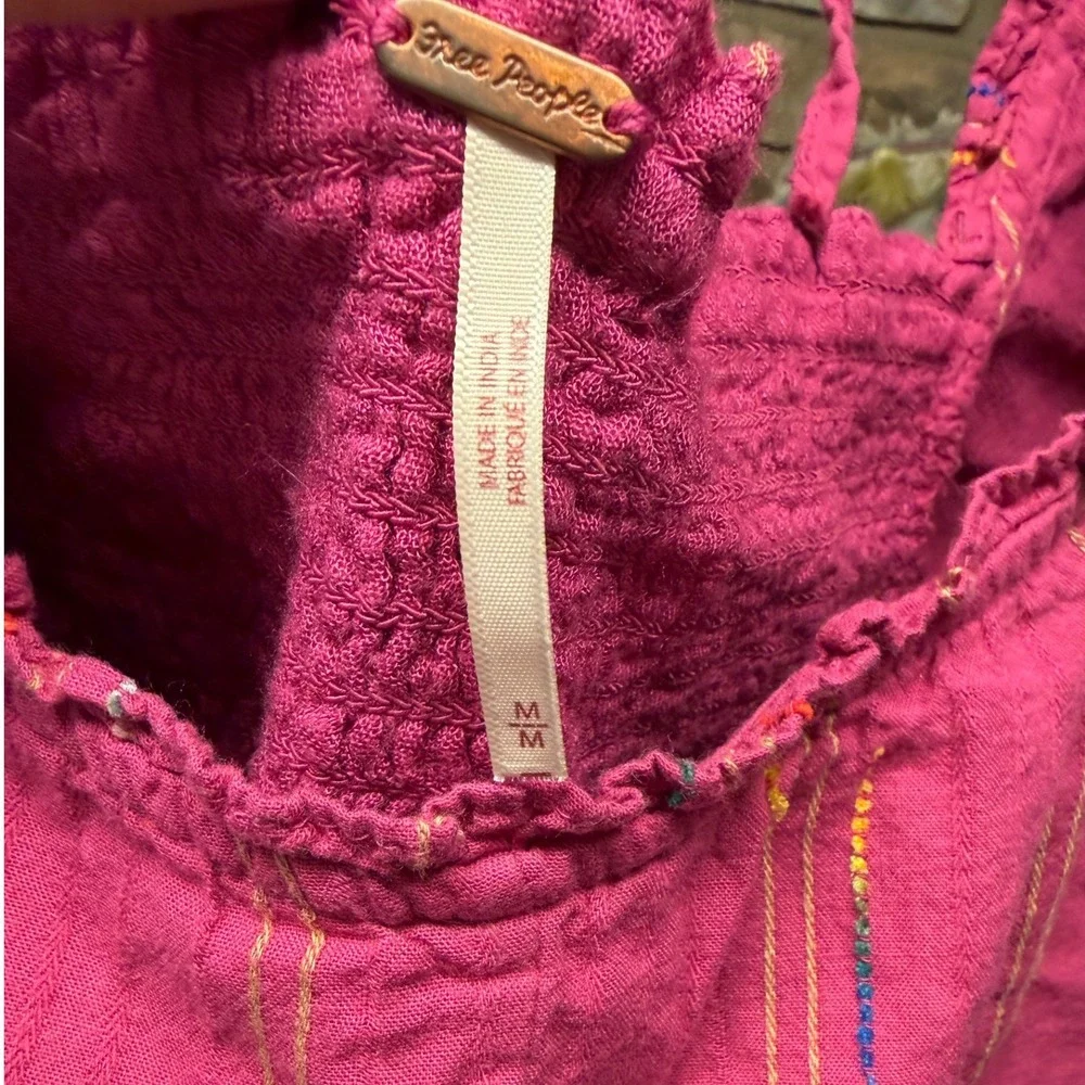 Free People Pink Puff Sleeve Smocked Back Square Neck Boho Top Medium